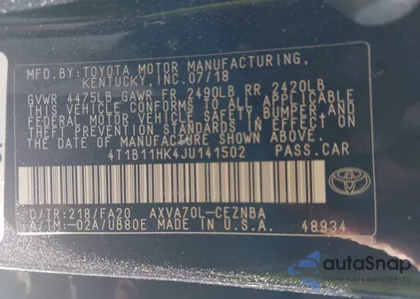2018 Toyota Camry Le from USA, damaged, VIN 4T1B11HK4JU141502